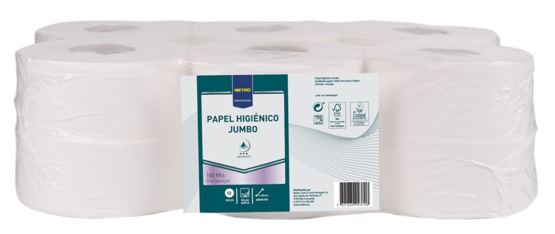 Papel Higiénico Jumbo 2 Folhas 180 m METRO Profissional 12 Rolos Papel Higiénico Jumbo 2 Folhas 180 m METRO Profissional 12 Rolos
