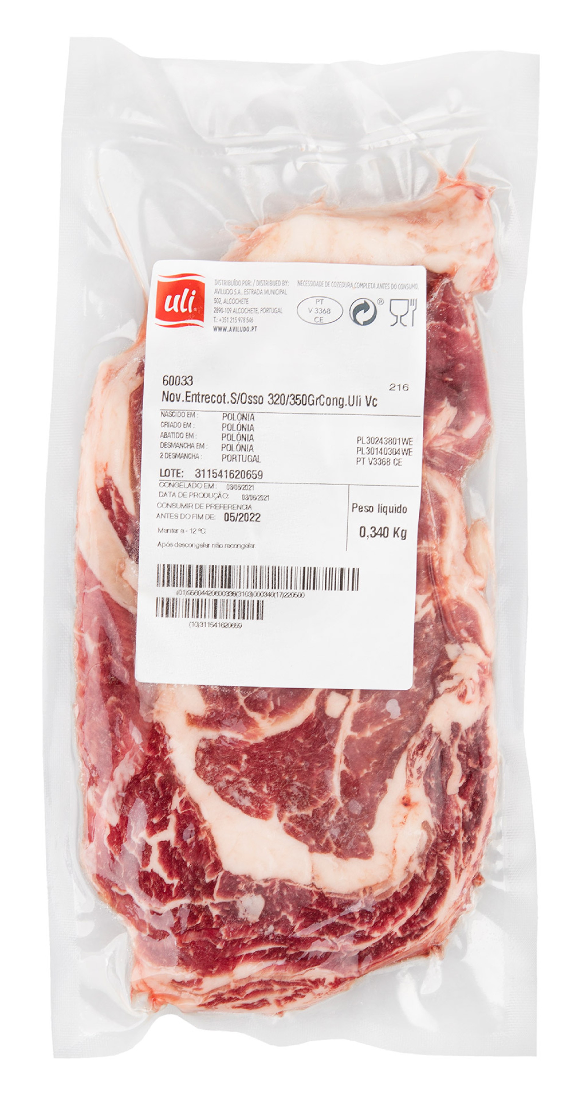 Novilho Entrec�te s/ Osso 320/350 g Congelado Uli V�cuo