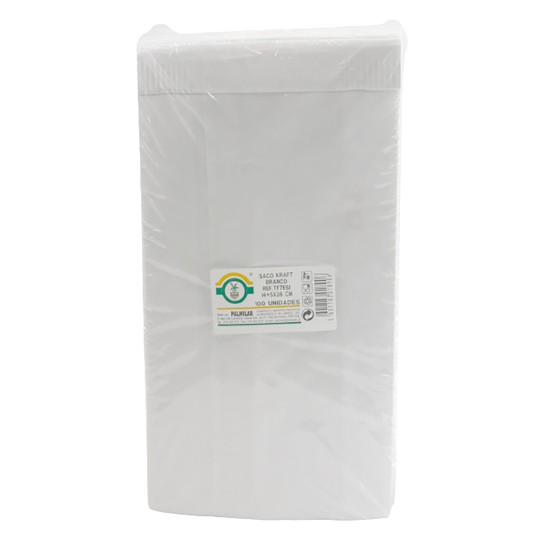 Saco Papel Kraft Branco 14+5x28 cm Emb. 100 Un