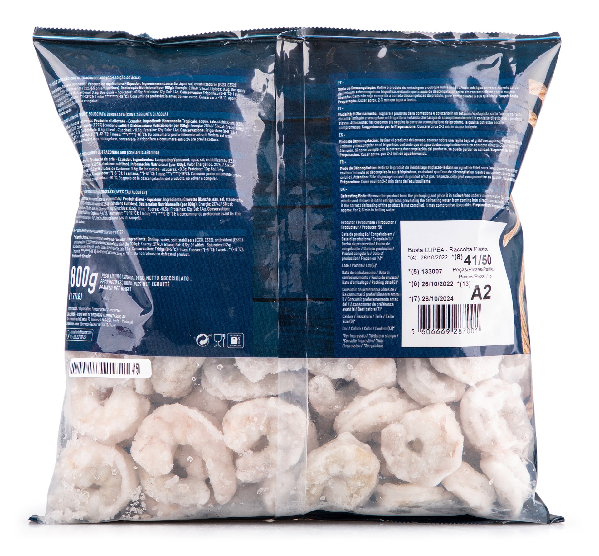 Miolo Camar�o Vannamei 41/50 Congelado Saco 800 g