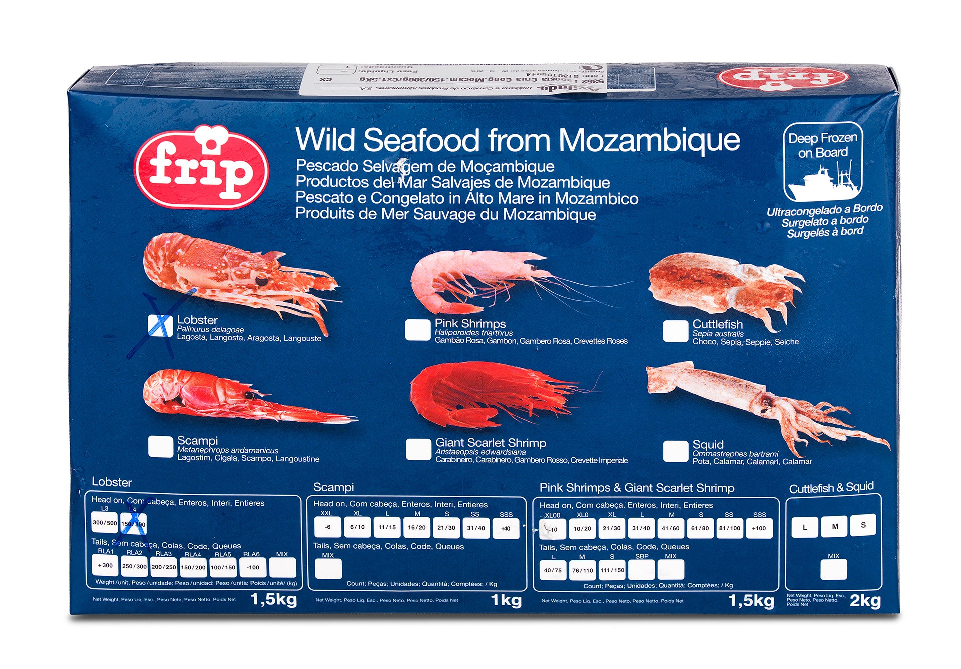 Lagosta Crua 150/300 Congelada Moçambique Cx 1,5 kg Lagosta Crua 150/300 Congelada Moçambique Cx 1,5 kg