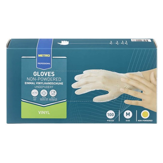 Luvas Vinil Transparentes Tamanho M METRO Profissional Emb. 100 Un