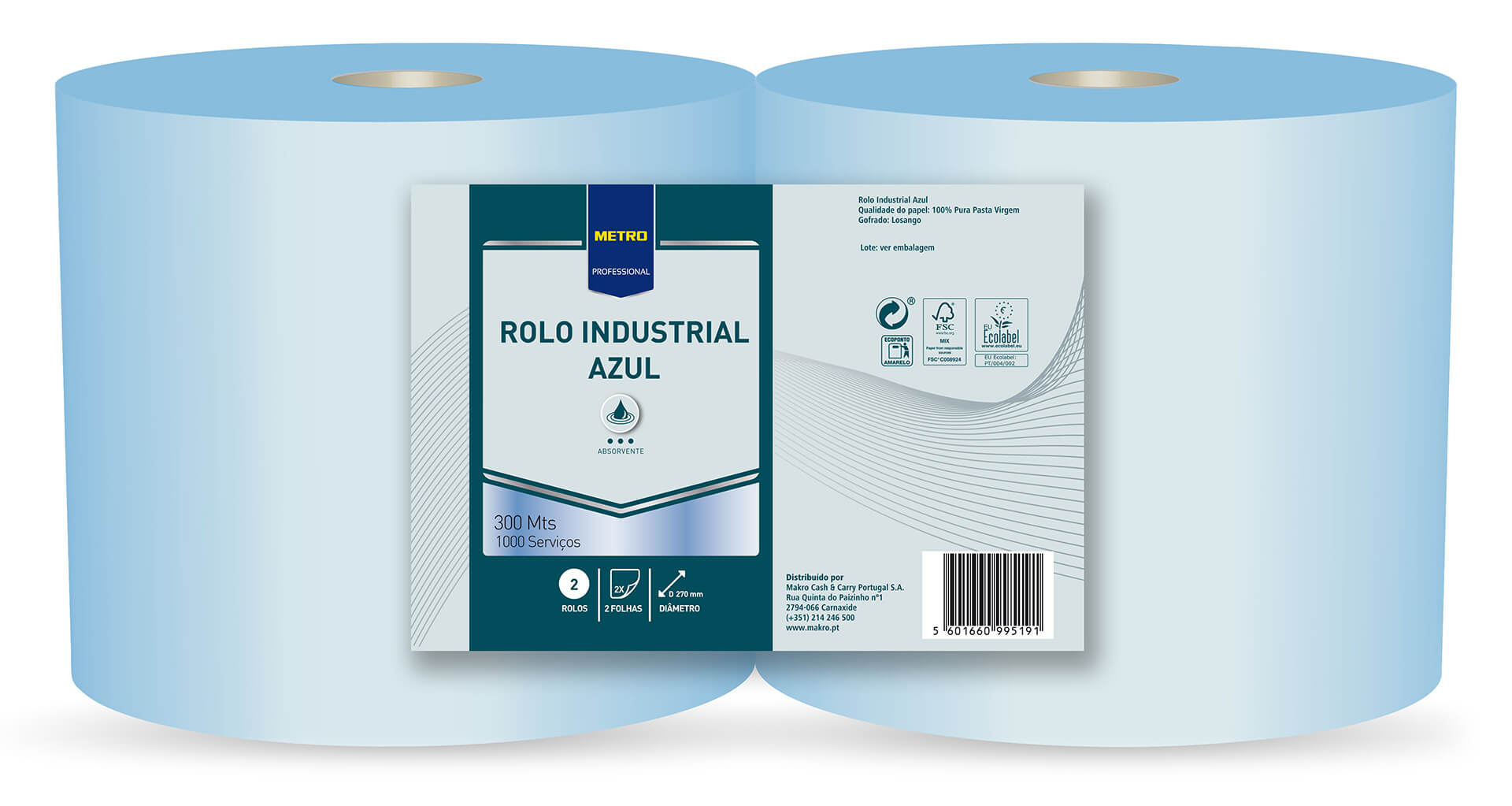 Rolo Industrial Azul 2 Folhas 300m METRO Profissional Cx 2 Un Rolo Industrial Azul 2 Folhas 300m METRO Profissional Cx 2 Un
