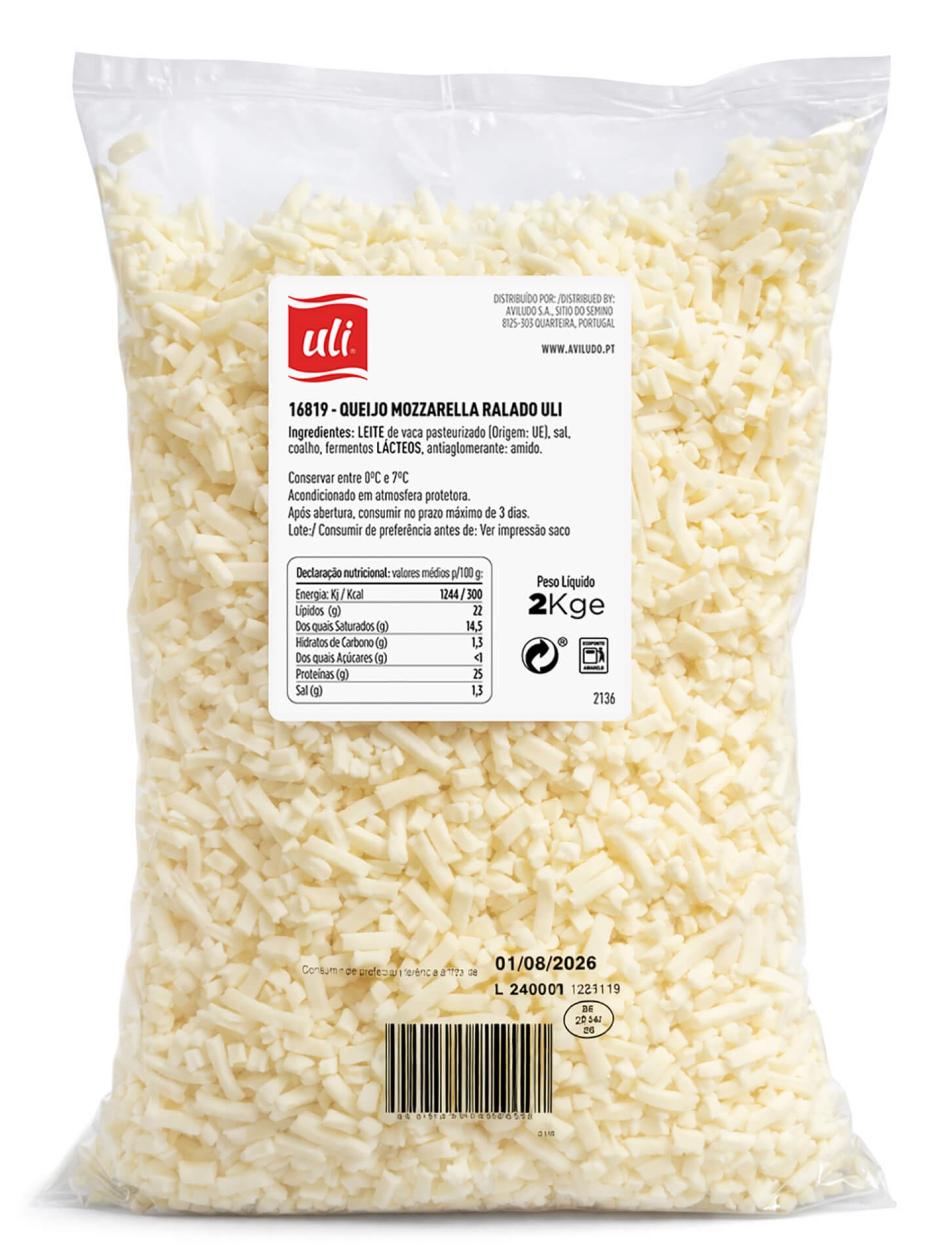 Queijo Mozzarella Ralado Uli 2 kg